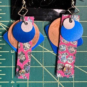 New Real Leather, Rhinestone Earrings w Sterling Hooks Pink Leopard